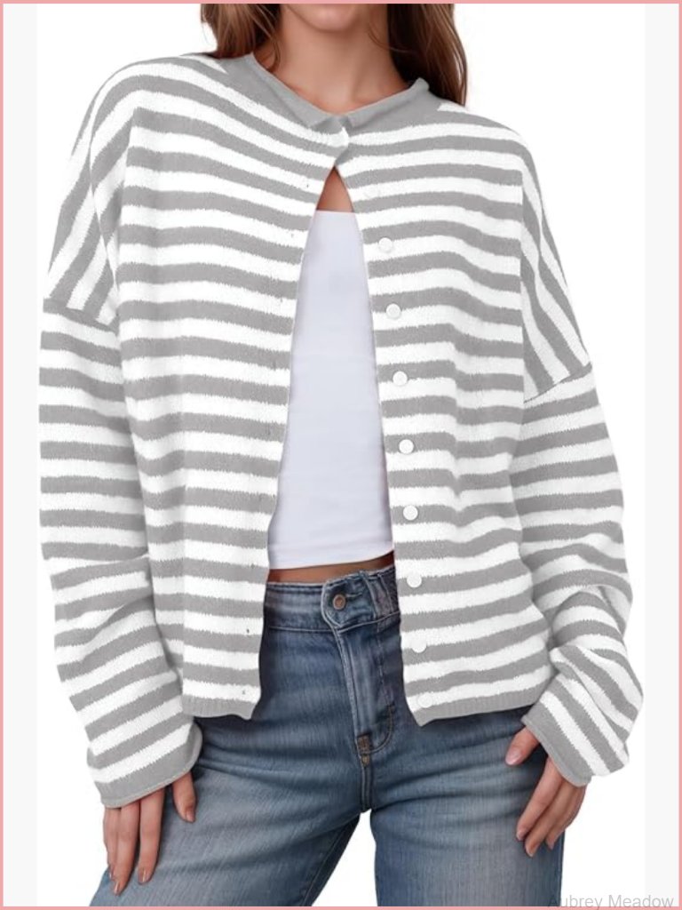 Striped Long Sleeve Cardigan Open Front Button Down Lightweight Fall Knit